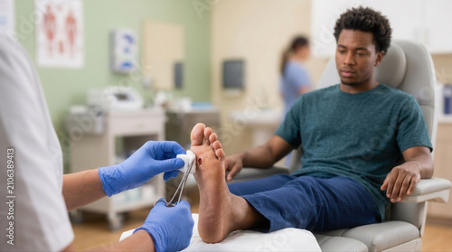 Healthcare expert providing treatment for foot wound in a clinical environment for a patient with diabetes