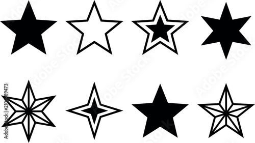 Collection of decorative star shapes and symbols with five pointed decorative geometry abstract