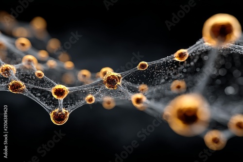 Delicate golden spheres connect in an abstract glowing web against a deep black background.