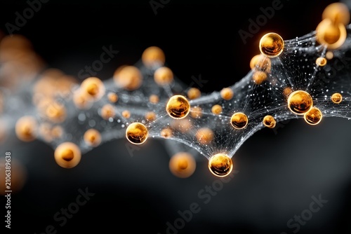 Ethereal golden spheres connected by fine lines create an abstract glowing network pattern on a dark surface.