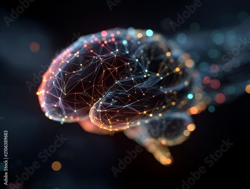 Abstract glowing neural network structure with interconnected lines and particles in warm and cool tones against a dark background.