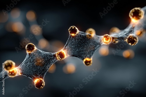 Abstract glowing neural network structure with luminous spheres floating in a dark digital space.