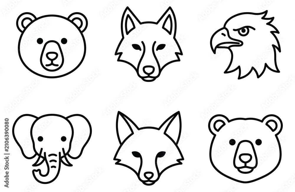 Obraz premium Clean line art animal heads including bear fox and eagle for graphic design projects
