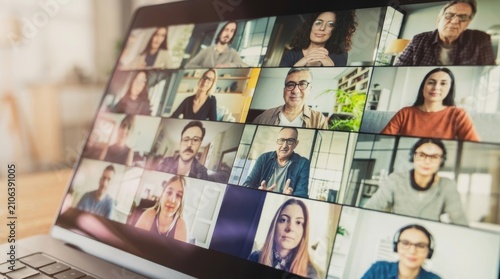 laptop screen displaying a diverse group video conference for remote work and digital collaboration.