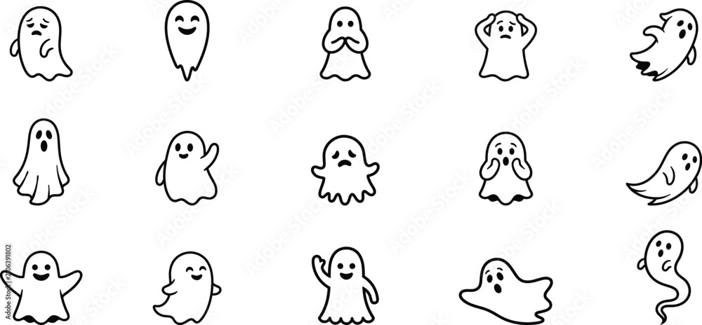 Obraz premium Halloween ghost silhouettes collection spooky cute ghostly figures isolated on transparent background for seasonal designs