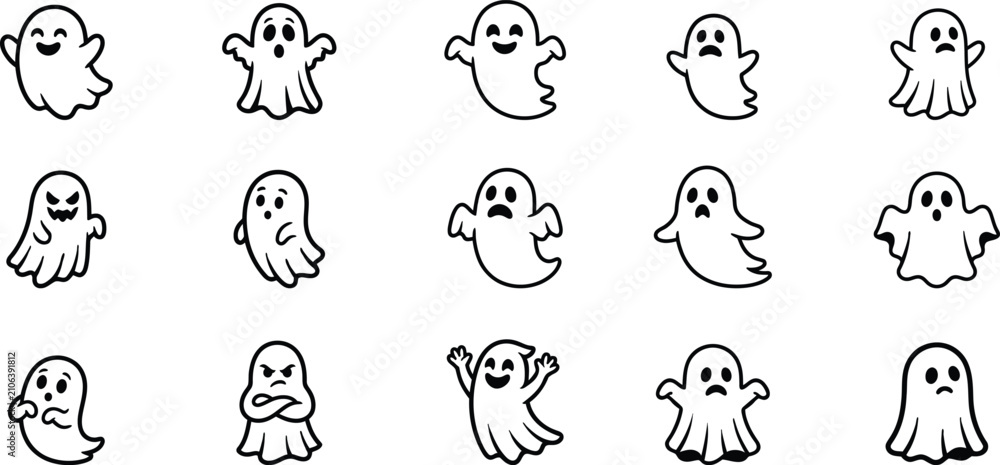 Obraz premium Spooky halloween ghost silhouettes collection isolated icons for festive designs and decorations