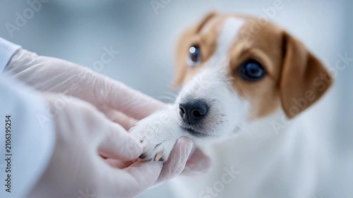 Watch as a friendly puppy interacts with its caring vet. This adorable scene highlights the importance of pet care and compassion. Ideal for animal enthusiasts. AI