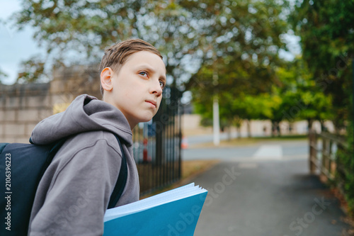 Boy holding school notebooks near the entrance to a school