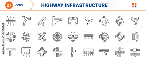 Highway interchange road junction line icon set. Vector pictograms of transportation, infrastructure, freeway, and civil elements, thin linear illustration.