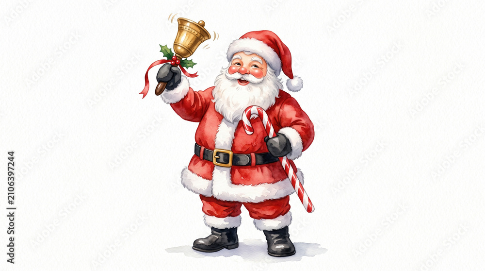 Fototapeta premium Santa Claus watercolor illustration. Winter Christmas character holding a golden bell.