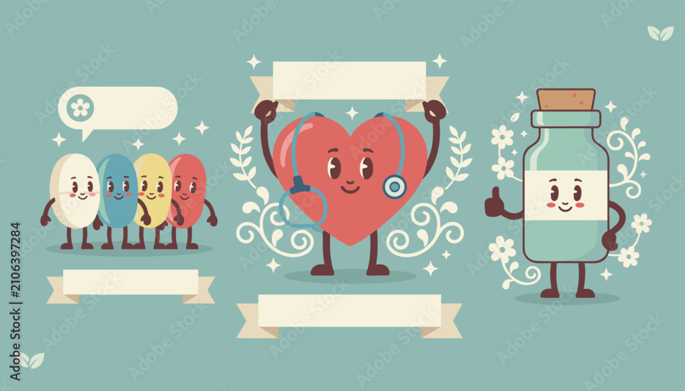 Fototapeta premium Healthcare label templates with cute retro cartoon characters of a heart stethoscope pills and medicine bottle