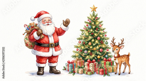 Santa Claus with Christmas tree. Watercolor illustration of winter holiday scene.