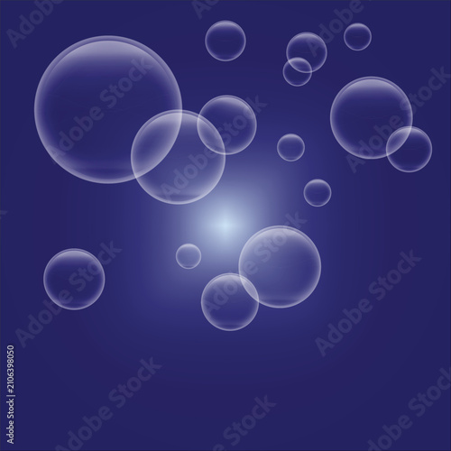 Transparent Glass Bubbles Floating on Blue Abstract Background with Soft Light