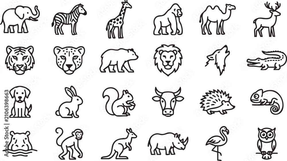 Obraz premium Minimalist line art vector icons depicting diverse wildlife and domestic animal collection