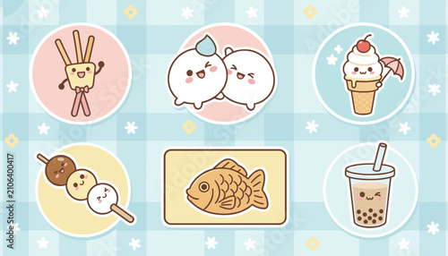 Set of cute cartoon stickers featuring Japanese sweets and snacks on plaid background