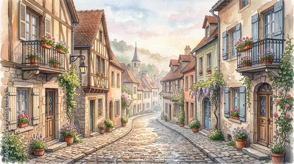 Fototapeta premium Quaint European Village Street with Traditional Historic Houses Watercolor