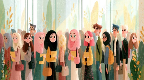 Diverse individuals patiently stand in a line, holding documents.