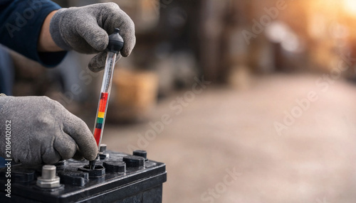 Technician measuring battery electrolyte level using a hydrometer while wearing gloves. The focus is on hands, hydrometer and car battery in a workshop setting.
