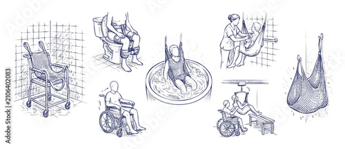 Konstfotografi Patient lift sling transfer aid sketches showing caregiver assistance, wheelchai