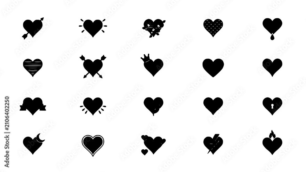 Fototapeta premium Hearts with Various Designs and Symbols in Black and White Featuring Heart, Love, Symbol with Design and Arrow Elements
