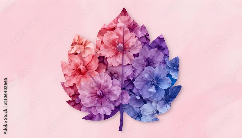 Fototapeta premium Stylized leaf shape filled with gradient of colorful flowers on soft pink background