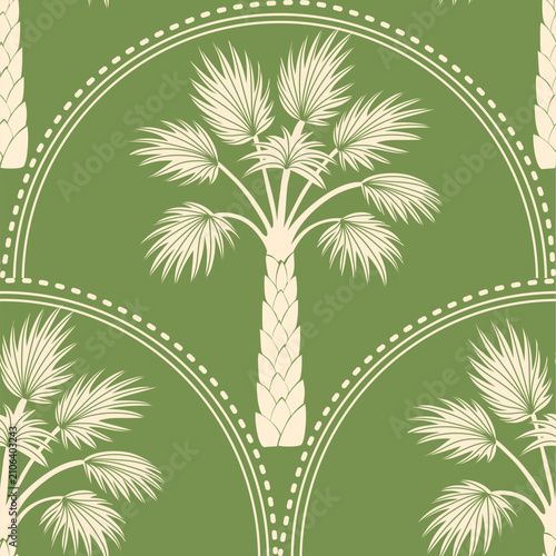 Vintage botanical pattern featuring elegant palm trees framed by decorative arches on an olive green background, ideal for fabric, wallpaper and home decor.