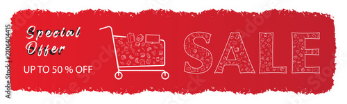 Big deals discount banner design with shopping cart icon on red background. Red and yellow shopping banner with big deals text and cart.