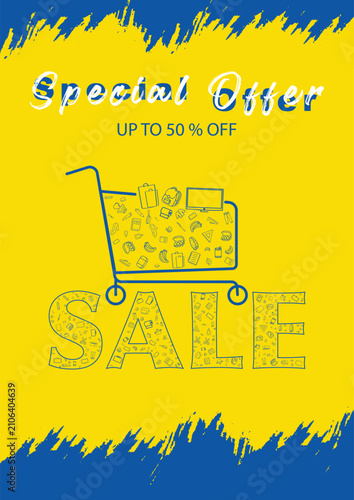 Big deals discount banner design with shopping cart icon on red background. Red and yellow shopping banner with big deals text and cart.