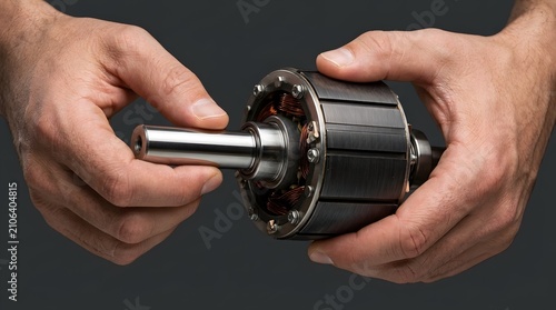 Technician holding an electric motor rotor component.