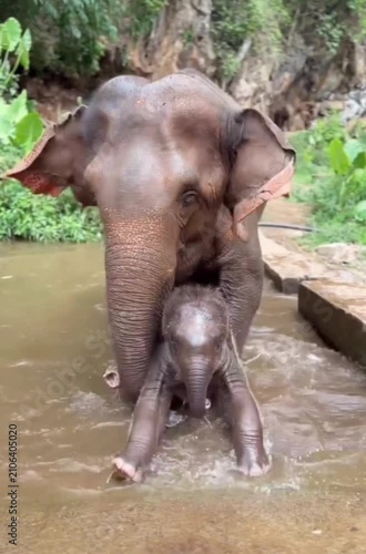 elephant and calf ,she pushes it out