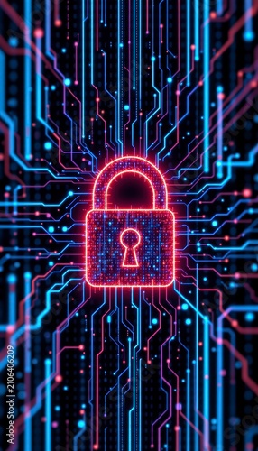 Soft glowing padlock pattern lines woven from detailed aesthetic cyber grids on premium electric blue background