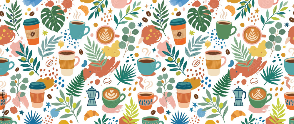 Fototapeta premium Hand-drawn coffee cups, plants, and pastries seamless pattern