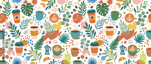 Konstfotografi Hand-drawn coffee cups, plants, and pastries seamless pattern