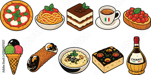 Italian Cuisine Flat Color Vector Icon Set with Pizza Pasta Espresso and Gelato
