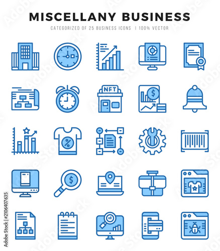 Miscellany Business Icons Pack. Two Color icons set. Two Color icon collection set.