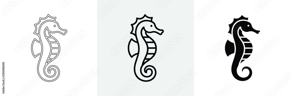 Fototapeta premium Detailed seahorse icons set featuring aquatic sea life in different styles.
