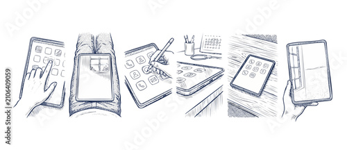 Schilderij op canvas Digital tablet sketch illustration hand using stylus pen and touching screen set of lifestyle line art drawing vectors of computer screens on desk and lap for business, creative workflow detailed art