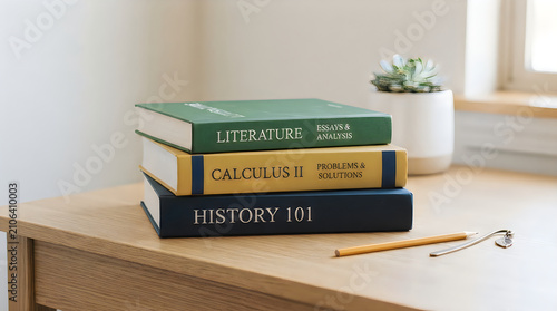 Stack of academic textbooks including literature, calculus ii, and history 101 on a wooden desk with a succulent plant and a pencil