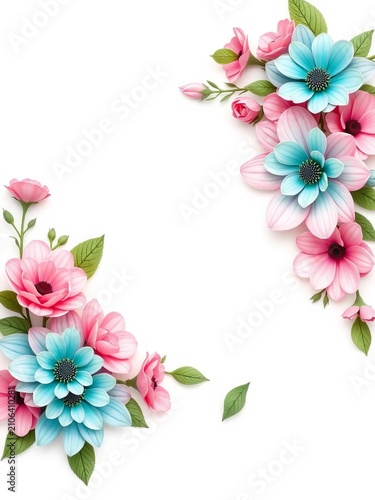 Decorative floral corner design with pink and teal flowers on white background, design, border