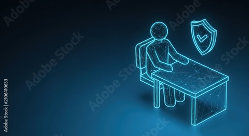 Digital Man at Desk with Computer Symbolizing Business and Technology Concepts