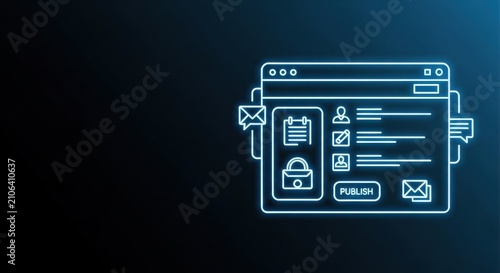 Digital user interface showcasing web application features with secure data management and publishing options