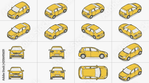 Obraz na plátne Modern Yellow Compact Cars Illustrated in Various Angles and Views for Design or