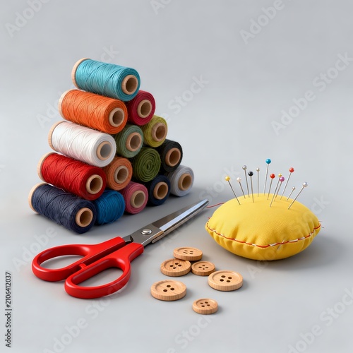  Sewing Supplies with Thread Spools, Scissors, Buttons, and Pin Cushion