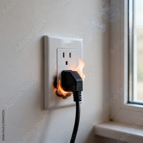  Burning Electrical Plug Overheated in Wall Outlet Near Window