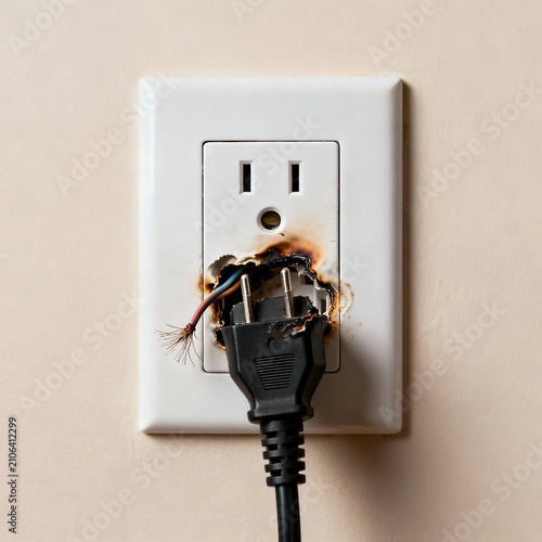  Burned Electrical Outlet with Damaged Plug Inserted in Wall Socket