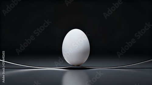 White Egg Standing Upright on Dark Reflective Surface