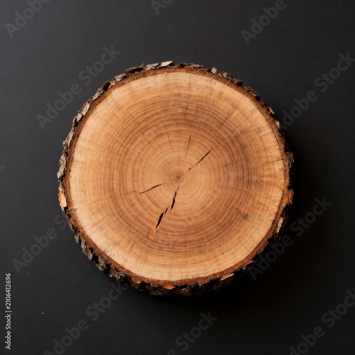 Cross-Section of Tree Trunk with Visible Growth Rings on Dark Background
