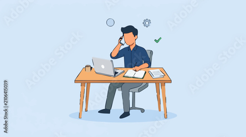 Man working at desk, multitasking with phone, laptop, and notebook