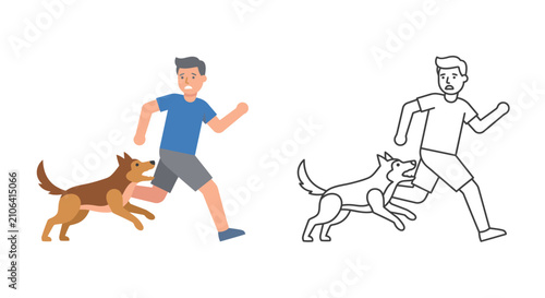Cuadro en lienzo Man Running From Dog Flat Vector Illustration With Colored And Outline Versions