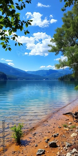 Lake shore with lush greenery and distant mountains(, scenery, greenery